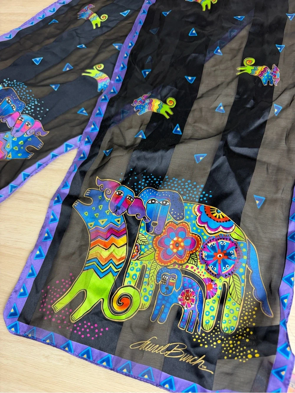 Vintage Y2K Deadstock NWT Laurel Burch 100% Silk Colorful Whimsical Dog Scarf